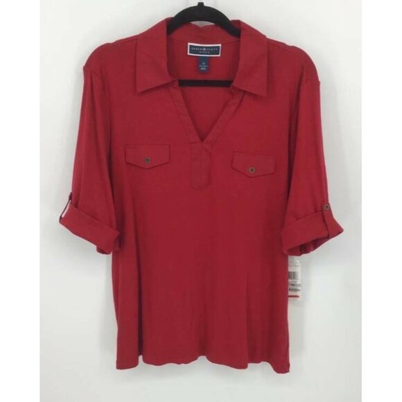 AVA & VIV Top Plus 1X Red Tunic Collar V-Neck Shor - Picture 1 of 6